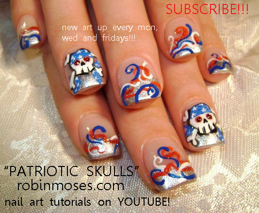  nail art design, patriotic skulls nail art design. 4th of july nail
